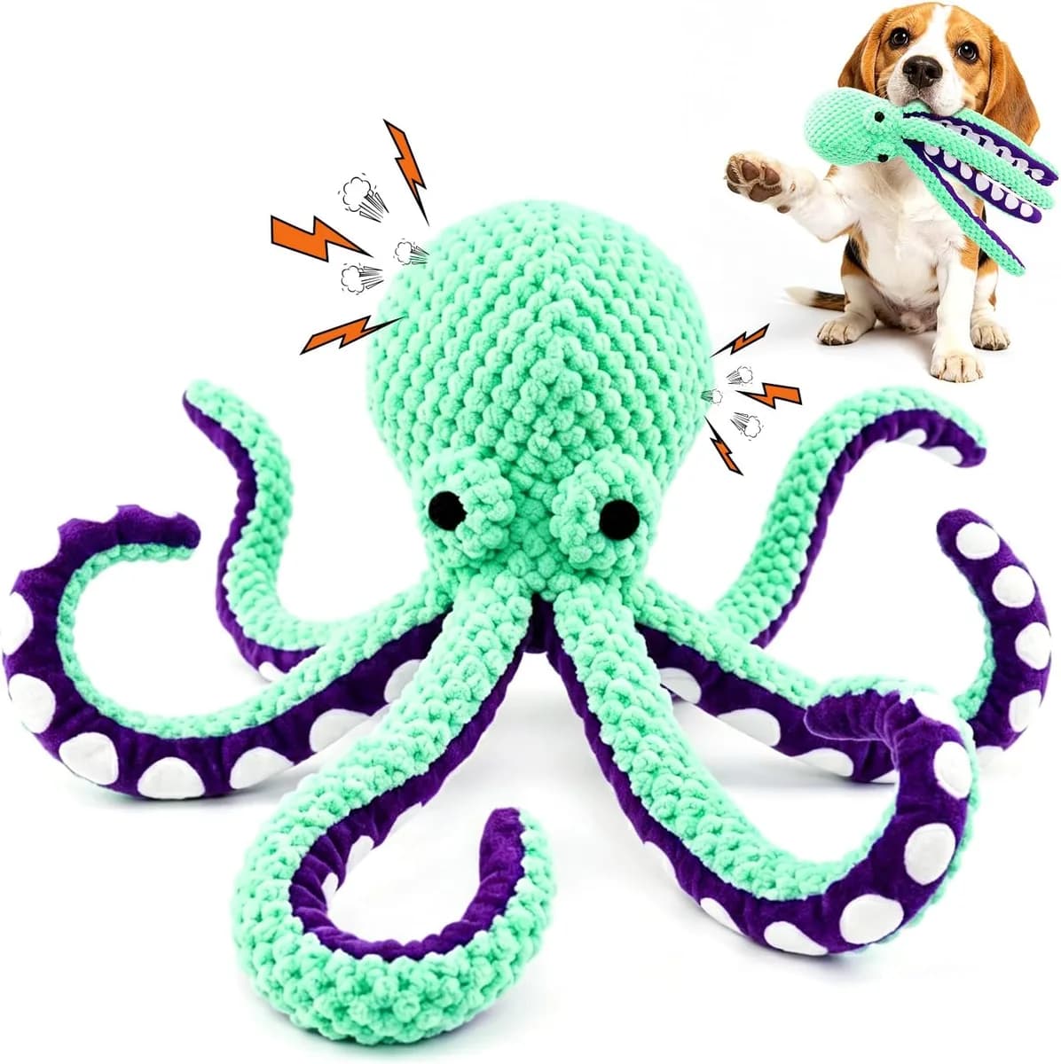 green squeaky octopus plush dog toy