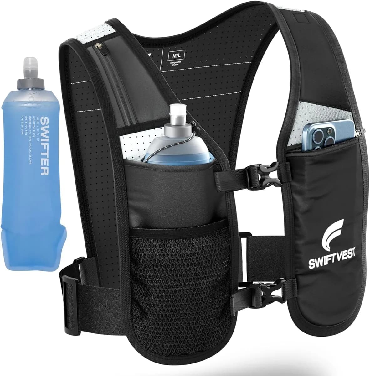 black running hydration vest with soft flask