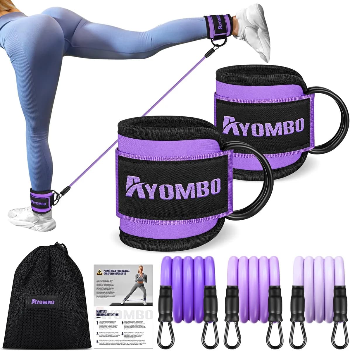 purple ankle resistance bands with cuffs and carry bag