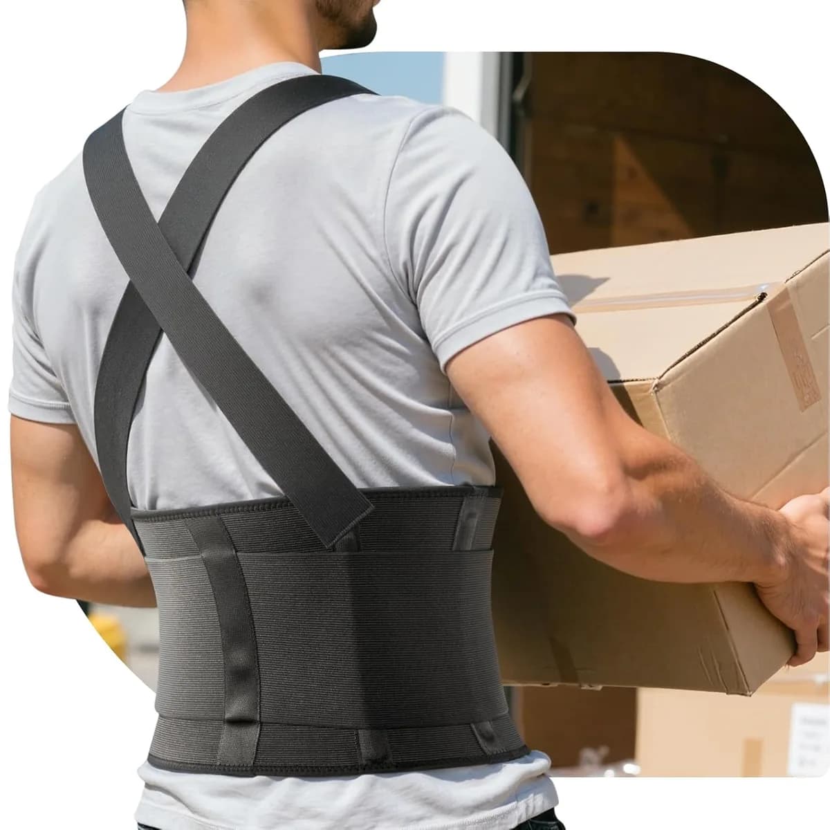 man lifting a box wearing a black work back brace with suspenders