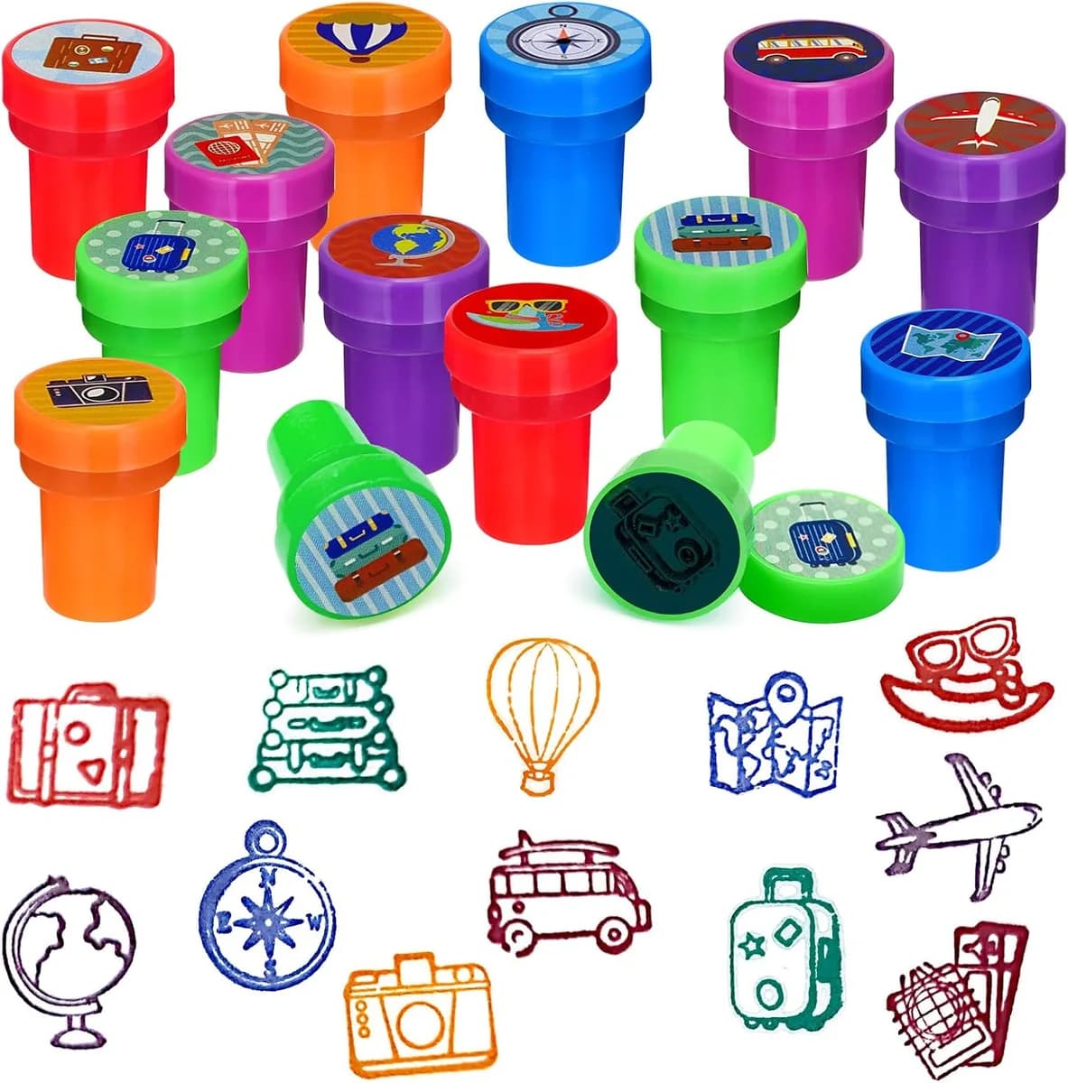 24 self-inking stampers for kids with travel designs