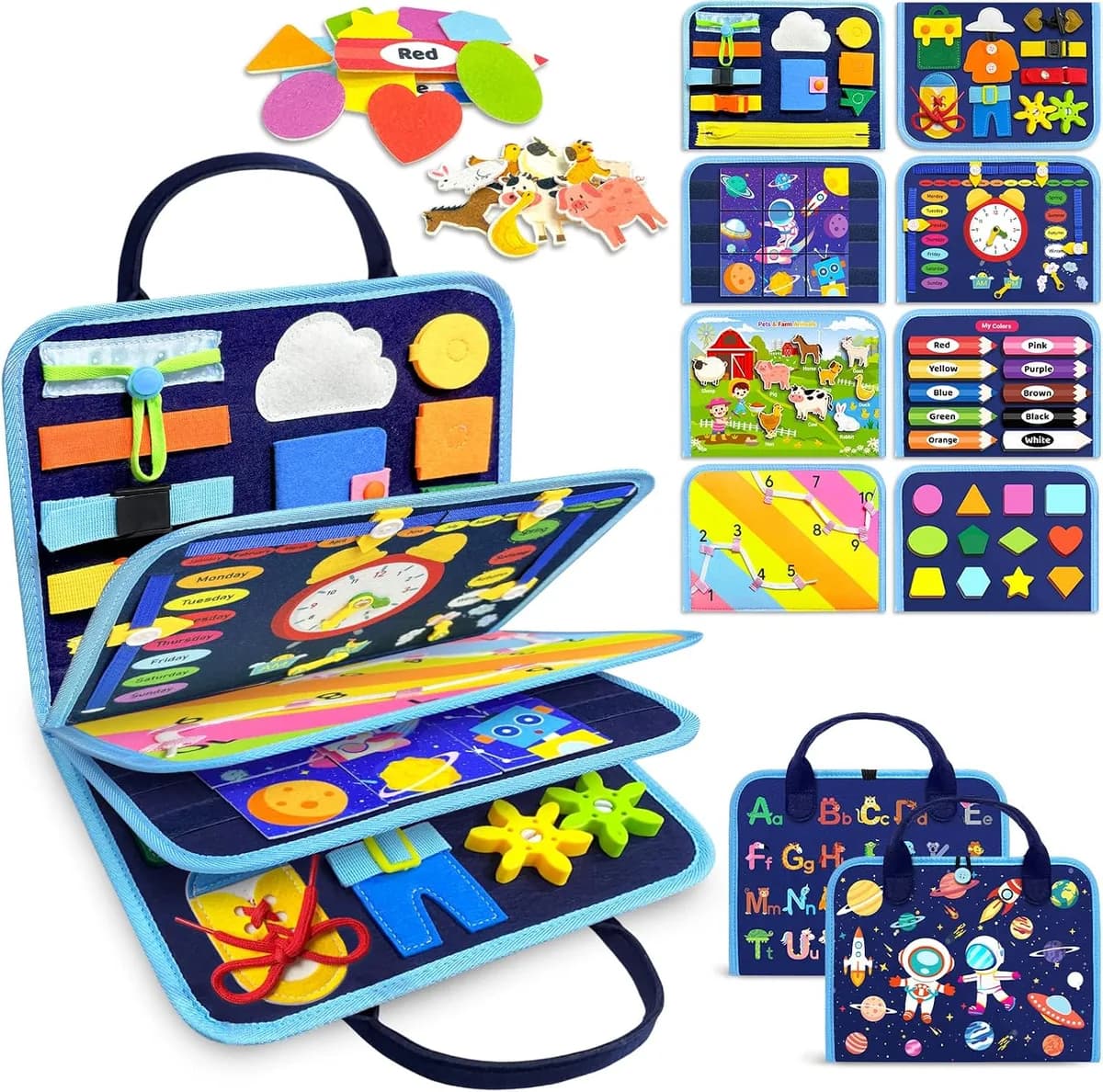 blue Montessori busy board for toddlers with 8 pages