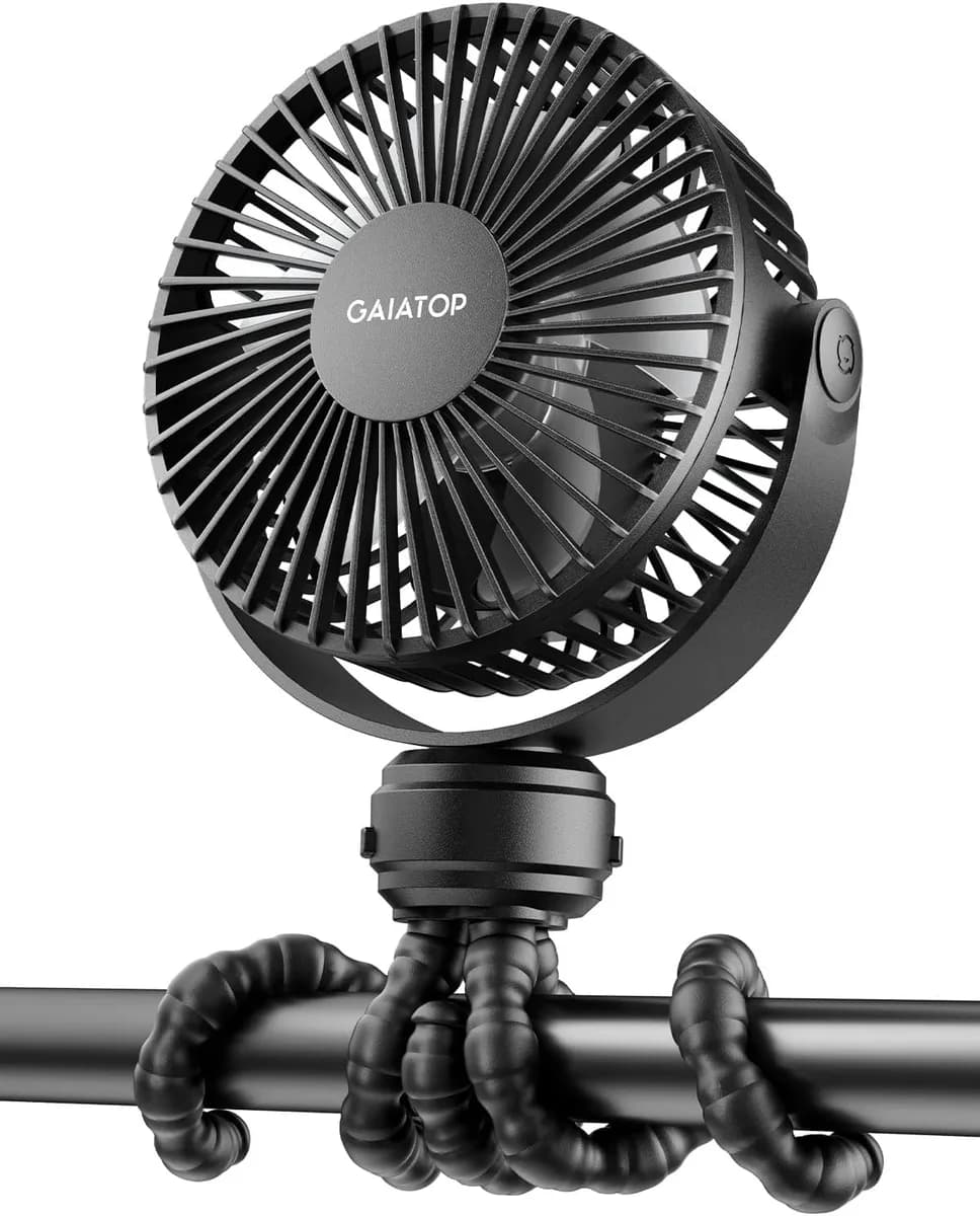 black clip-on stroller fan with flexible tripod