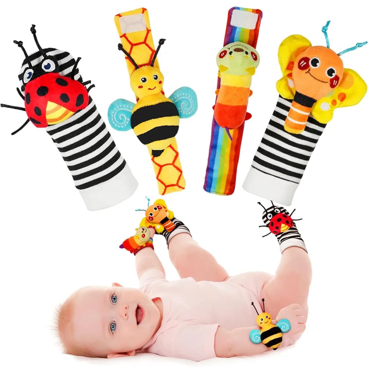 baby wearing wrist rattles and foot finder socks