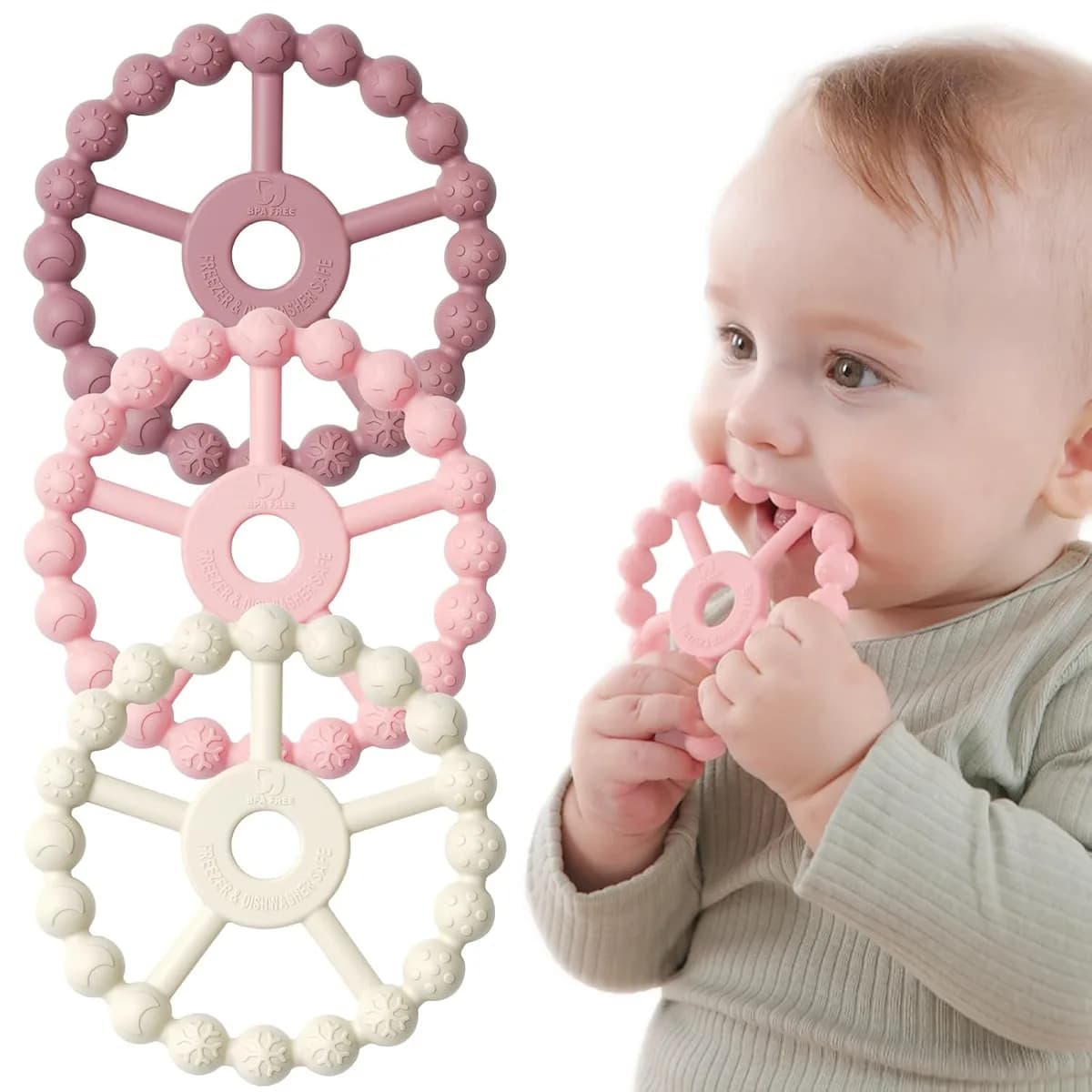 three silicone ring teethers in purple, pink and white