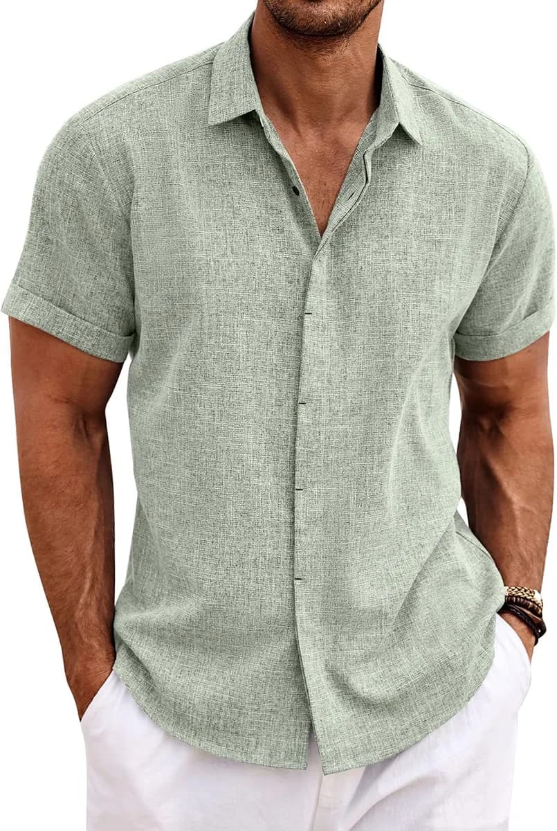 sage green men's linen shirt short sleeve