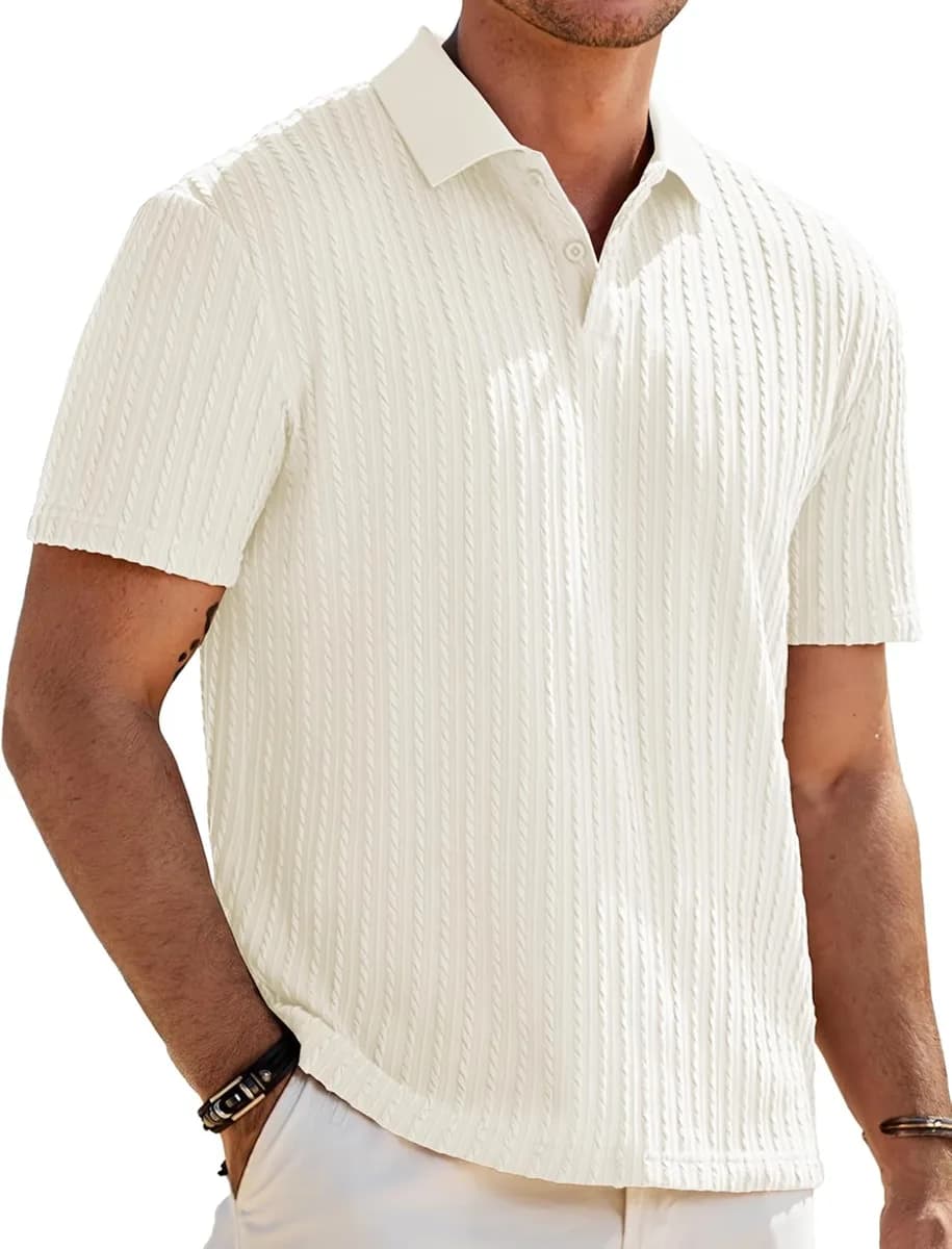 cream men's textured knit polo shirt
