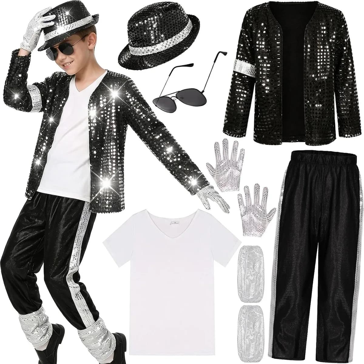 kids 80s pop star costume with sequin jacket and accessories