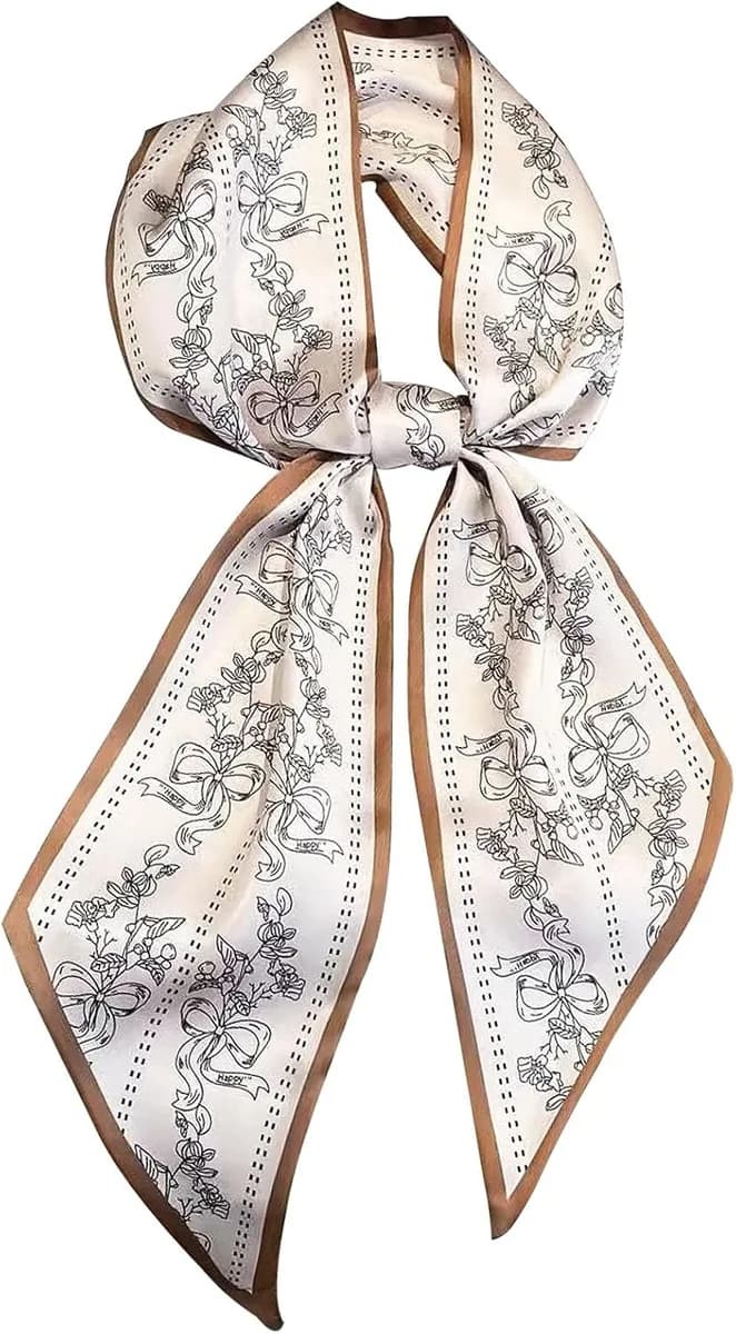skinny silk feel scarf in a cream print