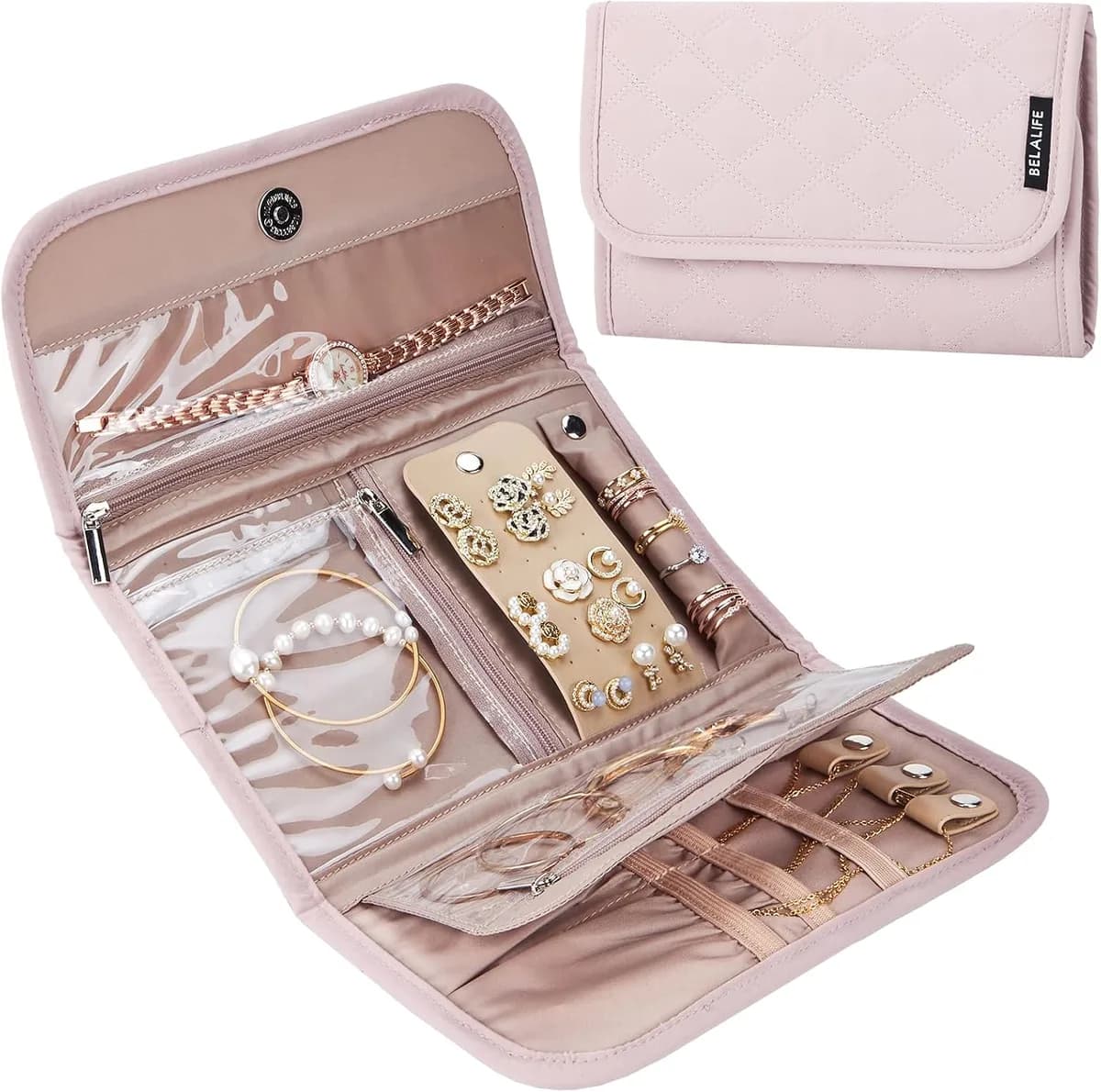 peach pink jewelry roll organizer open and folded