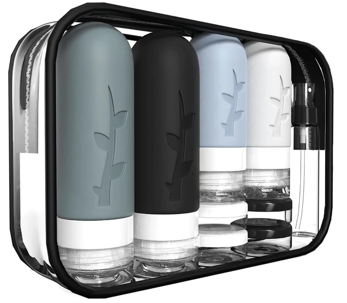 TSA approved travel bottles set in a clear bag